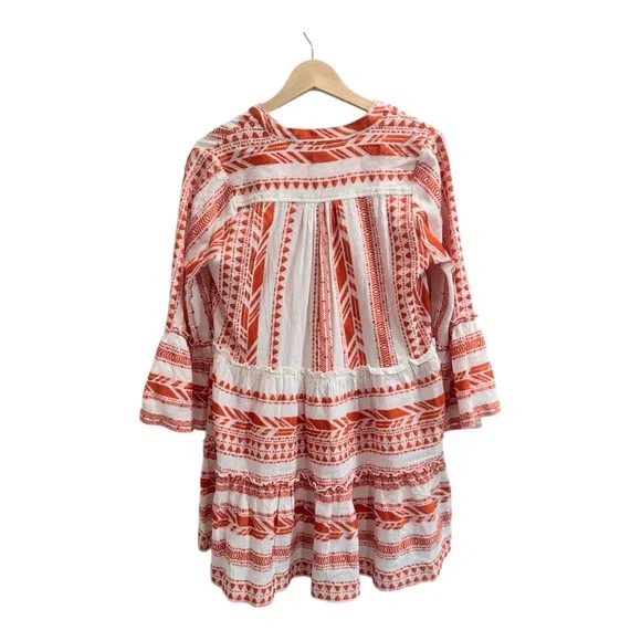 Elan Clara Orange White Embroidered Boho Mini Dress Bell Sleeve Pockets S - Picture 3 of 9